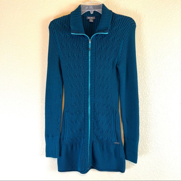 Eddie Bauer Women’s Teal Cable Knit Long Full Zip Sweater. Sz S - Picture 13 of 13
